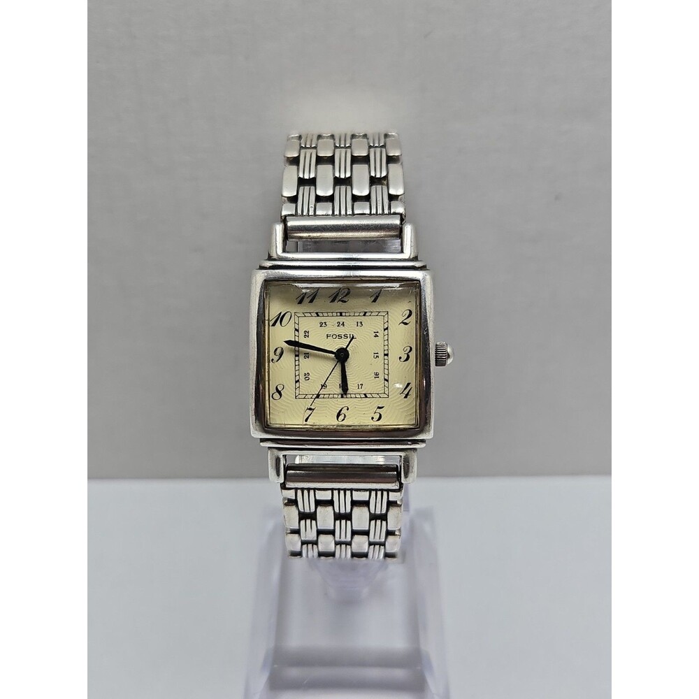 Vintage Fossil Art Deco Tank 26mm Watch Silver Tone Square 1990s New Battery